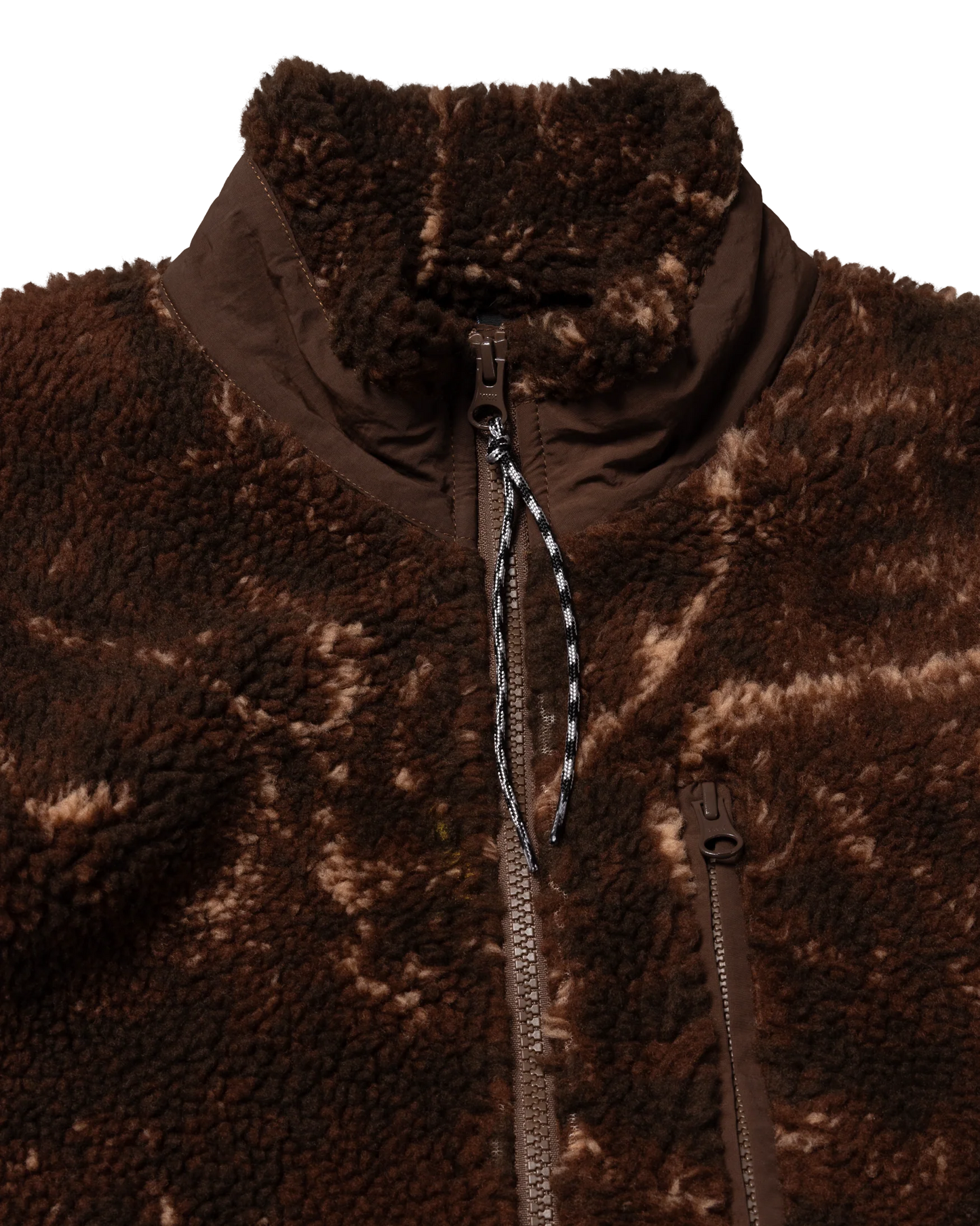 Close-up of a brown fleece jacket with a zipper on a white background