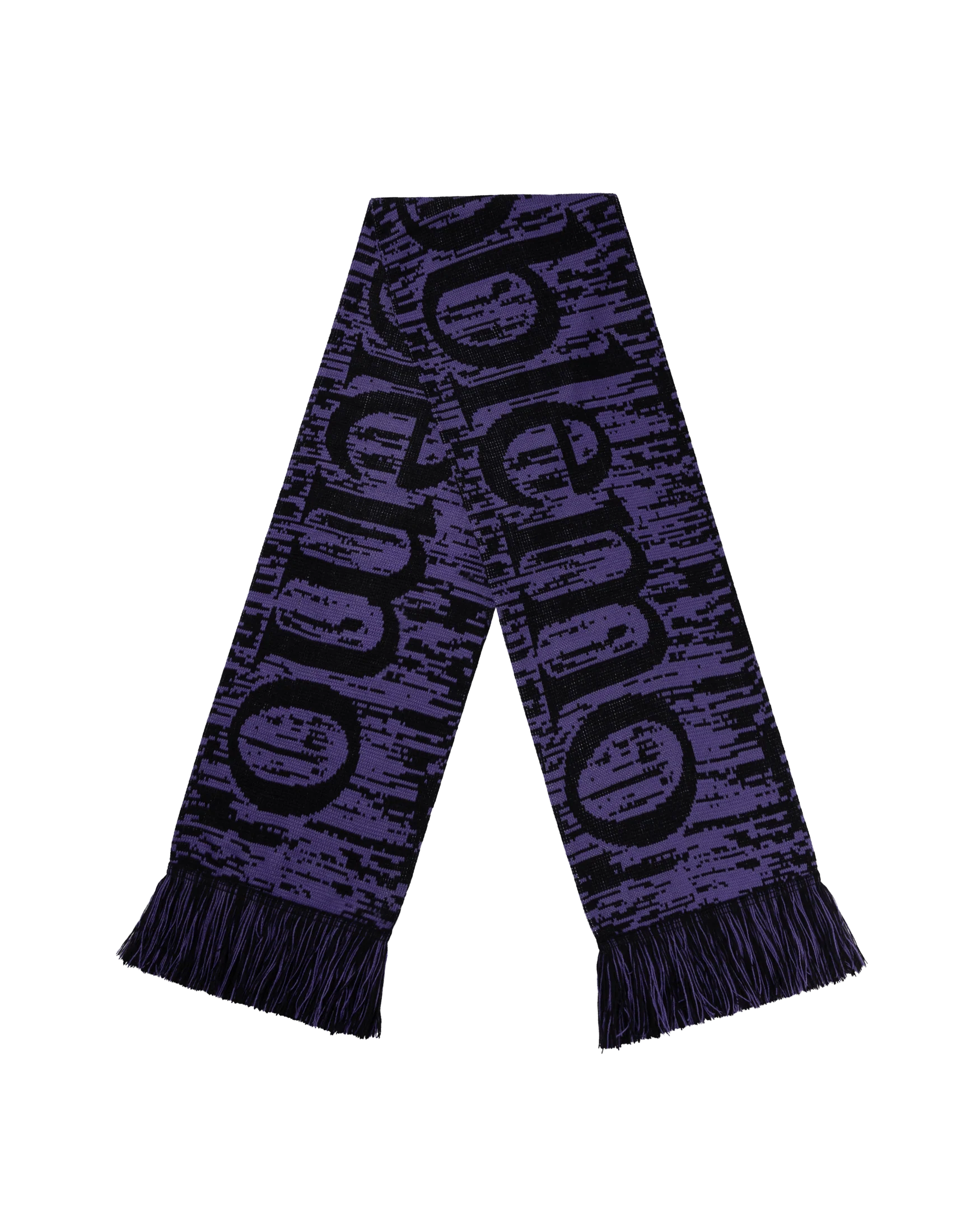Purple scarf with black text on a white background