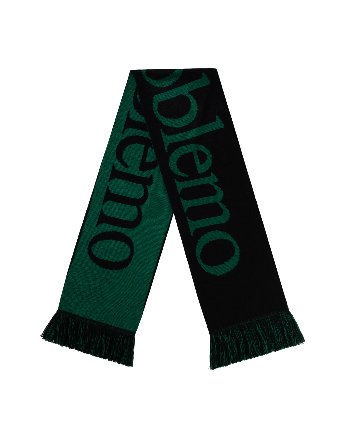 Green and black scarf with 'NO PROBLEMO' branding on a white background