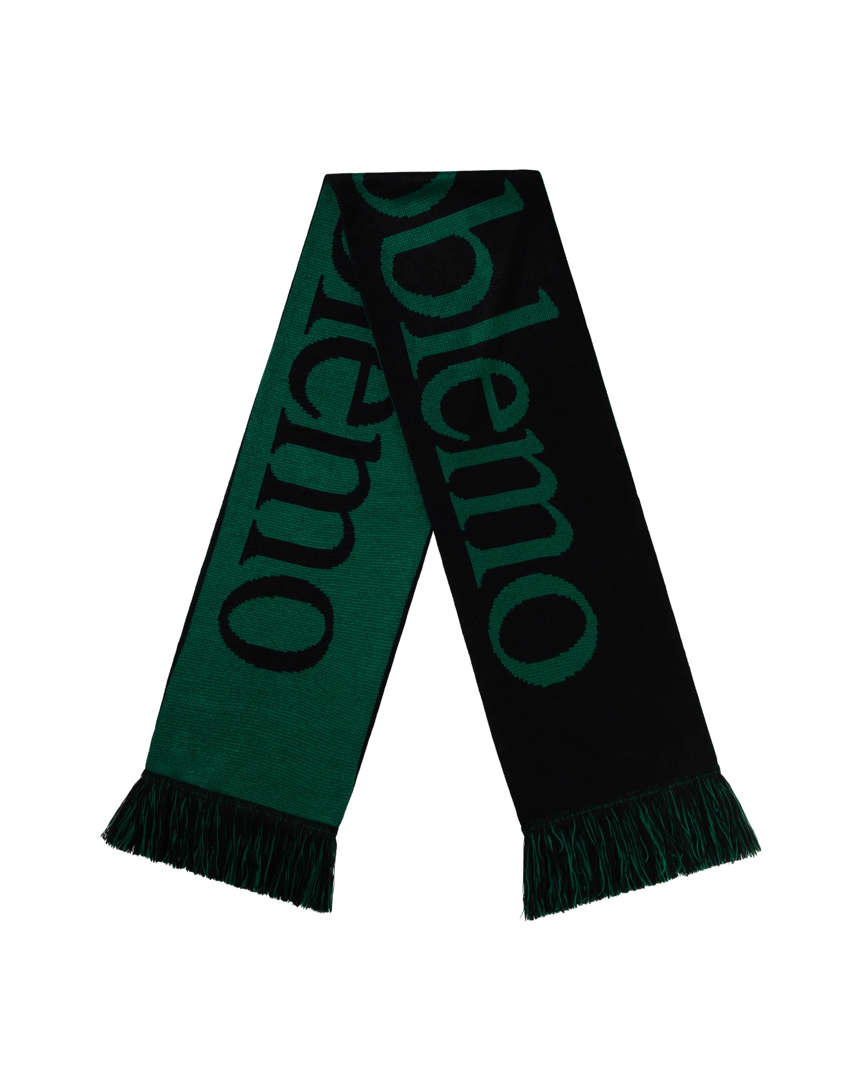 Green and black scarf with 'NO PROBLEMO' branding on a white background