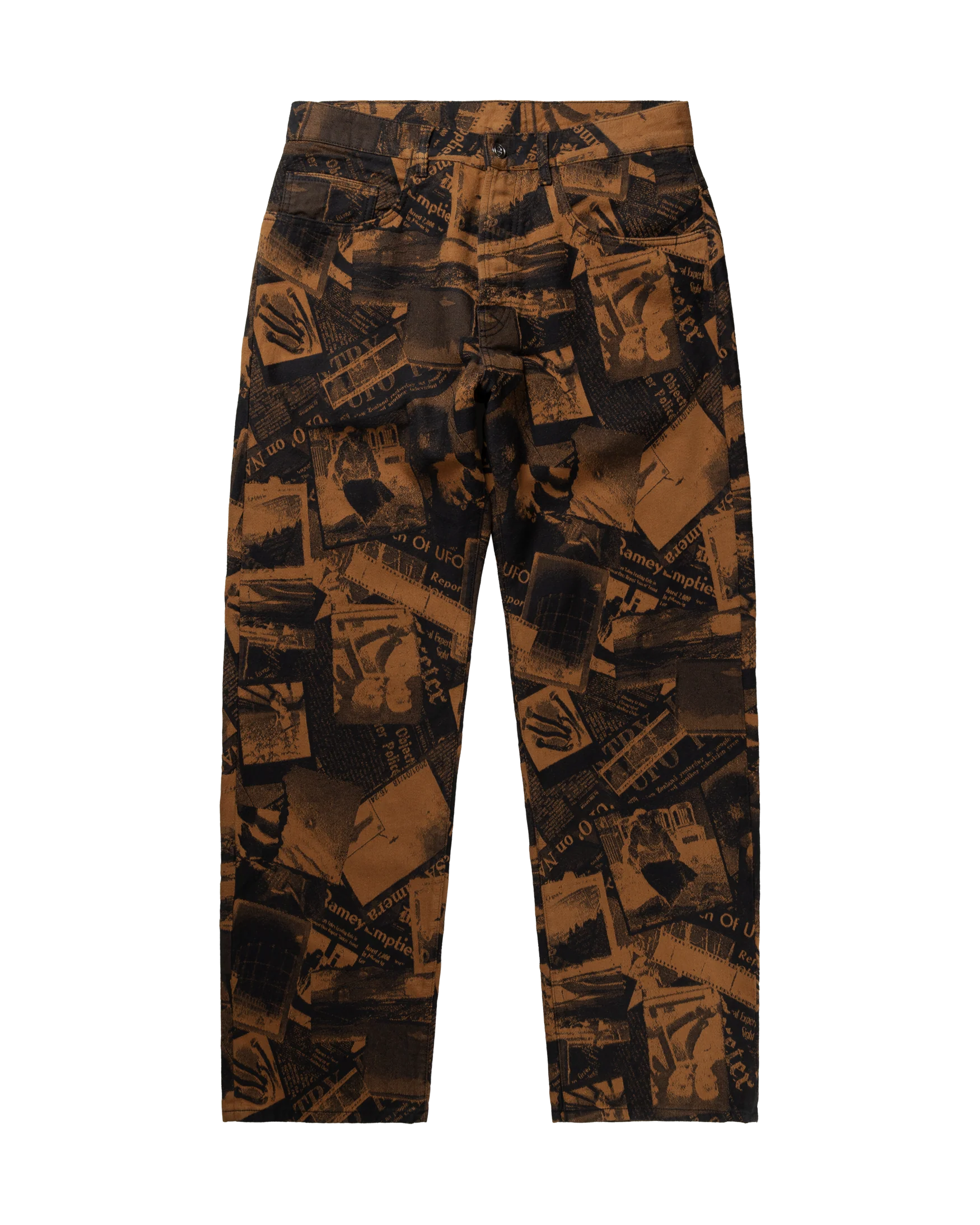 Pants with a collage pattern on a white background