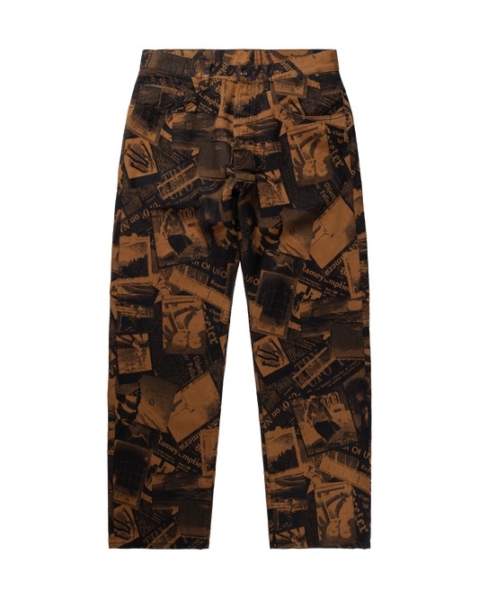 Pants with a collage pattern on a white background