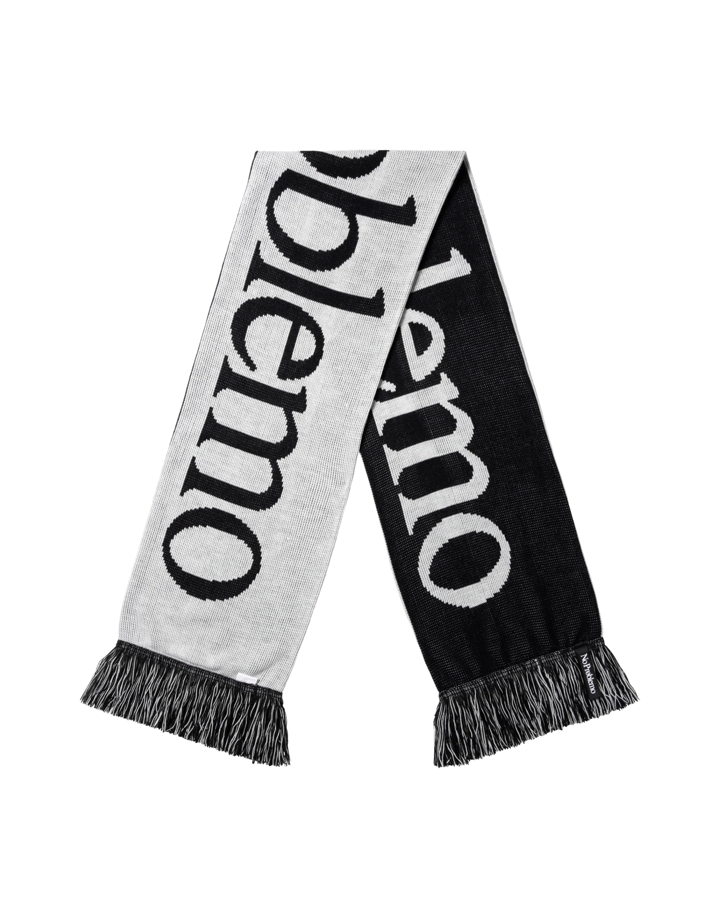 Black and white scarf with 'blemno' branding on a white background