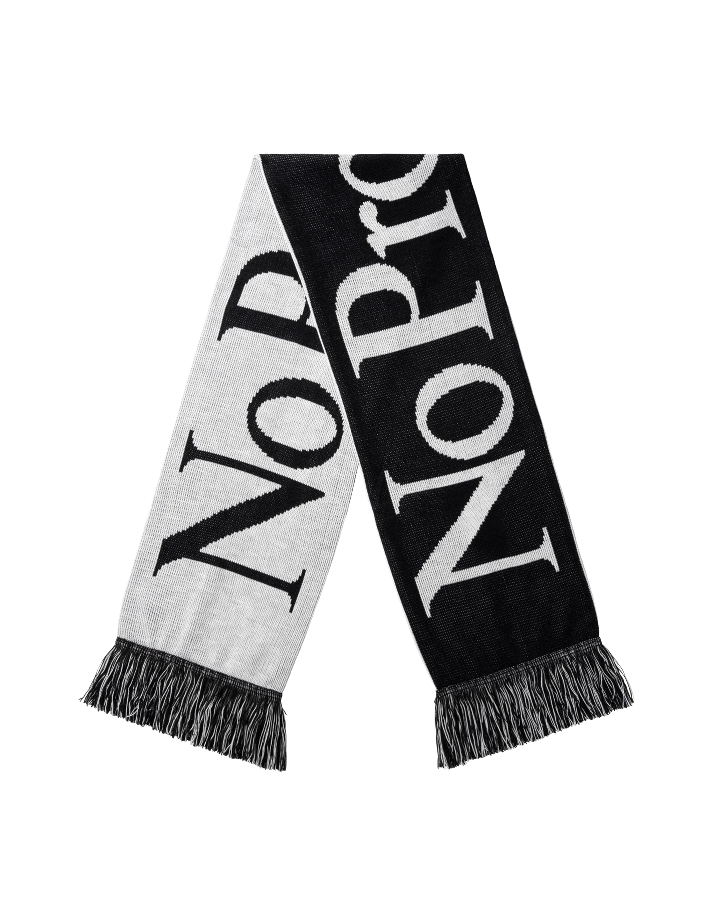 Black and white scarf with 'Norse' branding on a white background