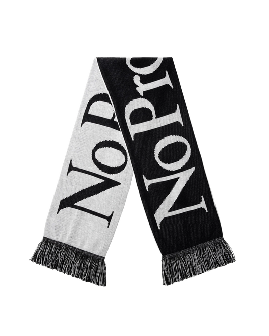Black and white scarf with 'Norse' branding on a white background