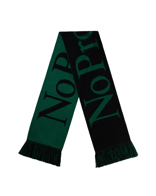 Green and black scarf with 'NO PROBLEMO' branding on a white background