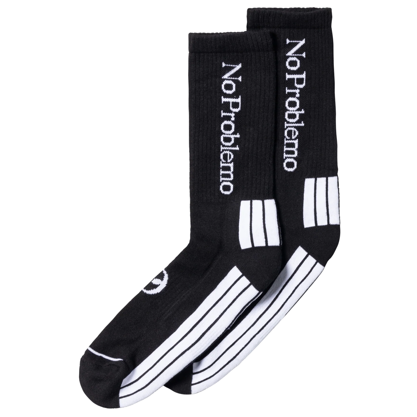 Black socks with 'No Problemo' text and white stripes on a white background