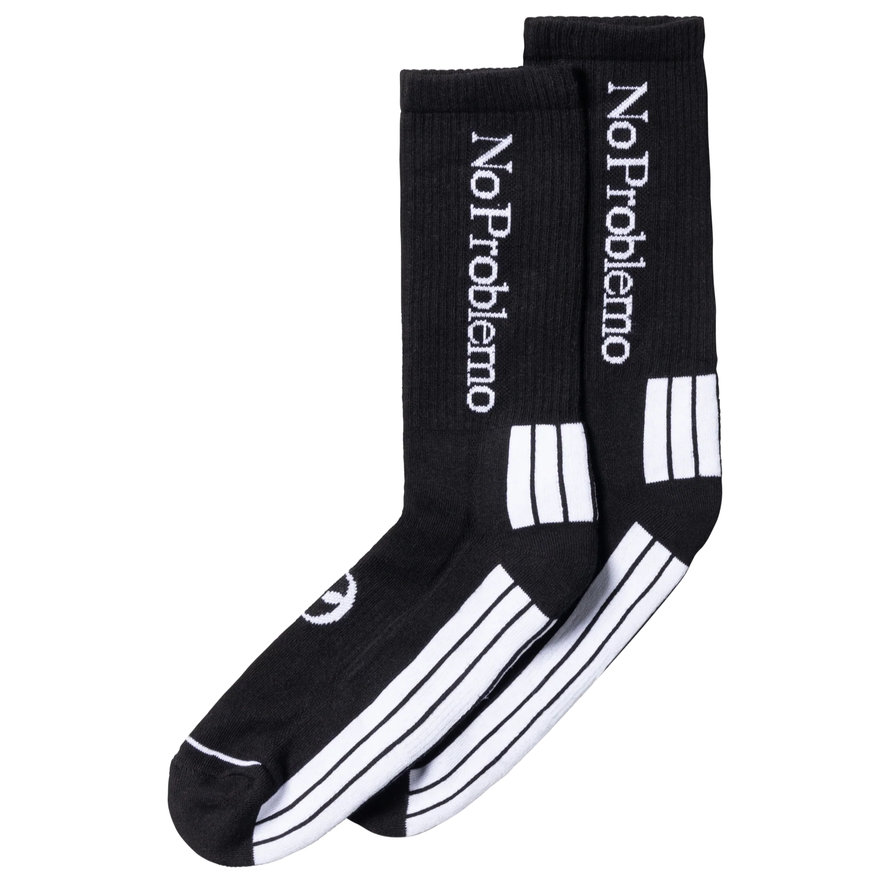 Black socks with 'No Problemo' text and white stripes on a white background