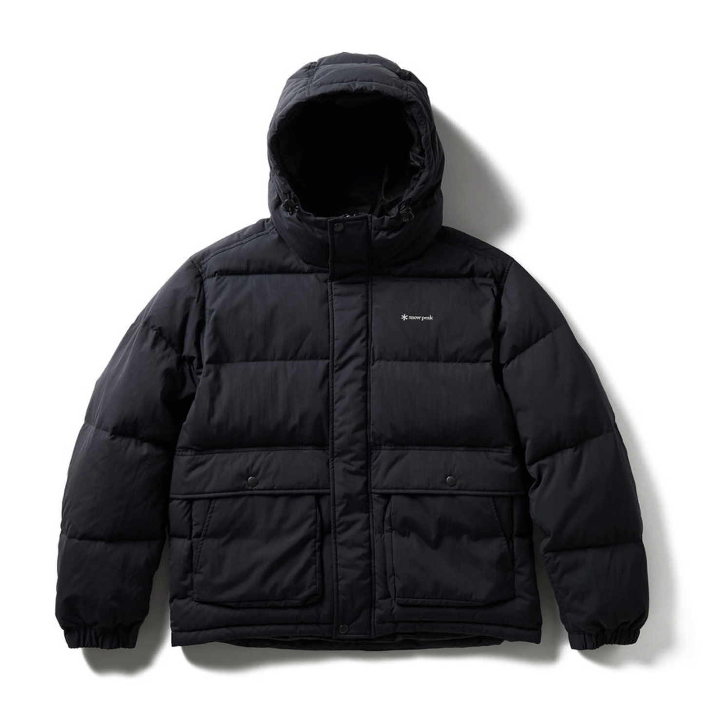 Black puffer jacket with a brand logo on a white background