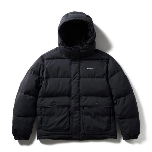 Black puffer jacket with a brand logo on a white background