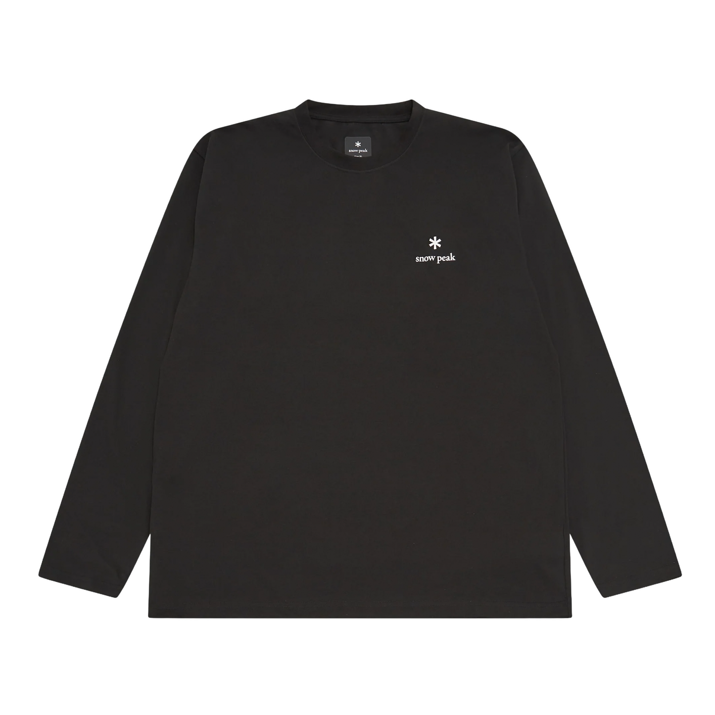 Black long-sleeve shirt with a white logo on a white background