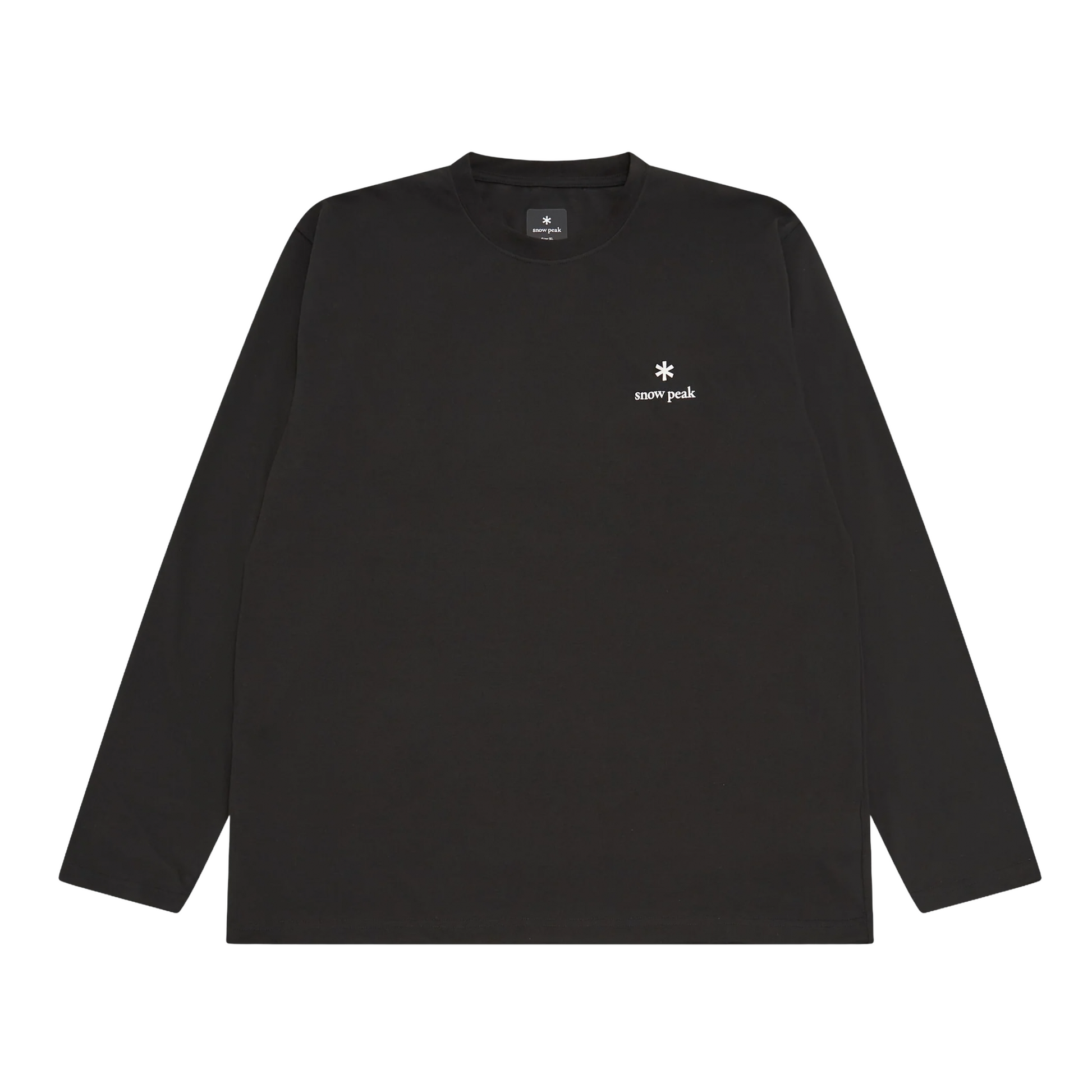 Black long-sleeve shirt with a white logo on a white background