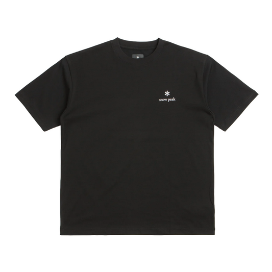 Black t-shirt with a small white logo on a white background