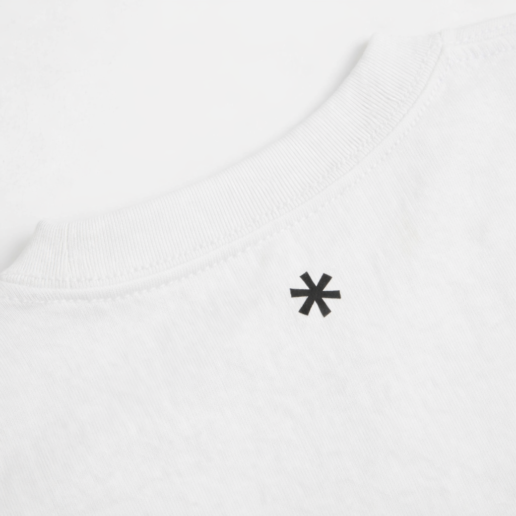 White t-shirt with a black asterisk symbol on a white background