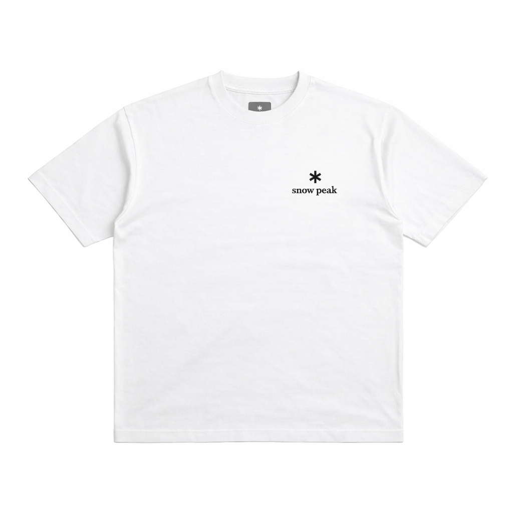 White t-shirt with a small logo on a white background