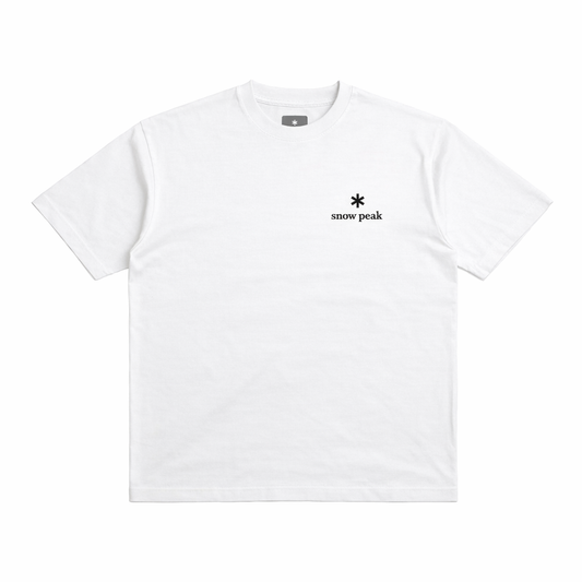 White t-shirt with a small logo on a white background