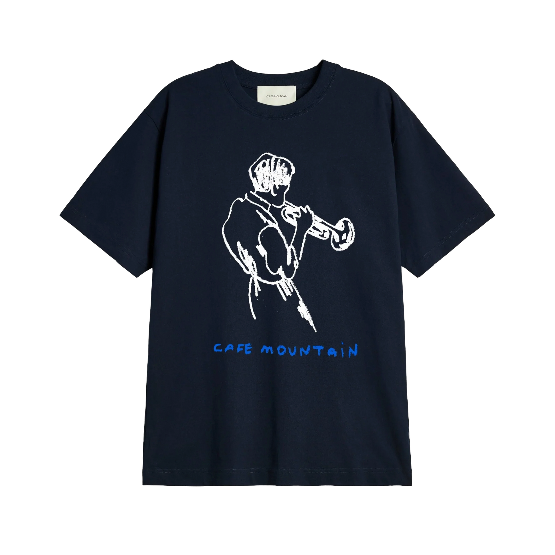 Navy blue t-shirt with white graphic and 'Cafe Mountain' text on a white background
