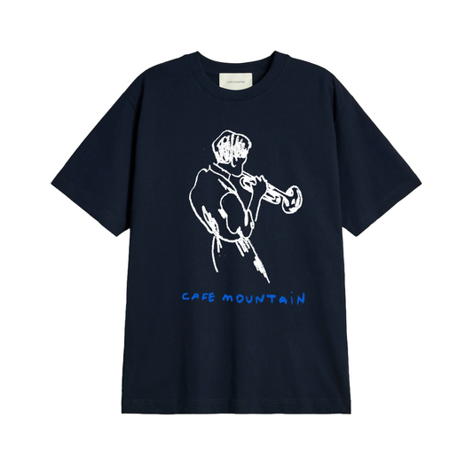 Navy blue t-shirt with white graphic and 'Cafe Mountain' text on a white background
