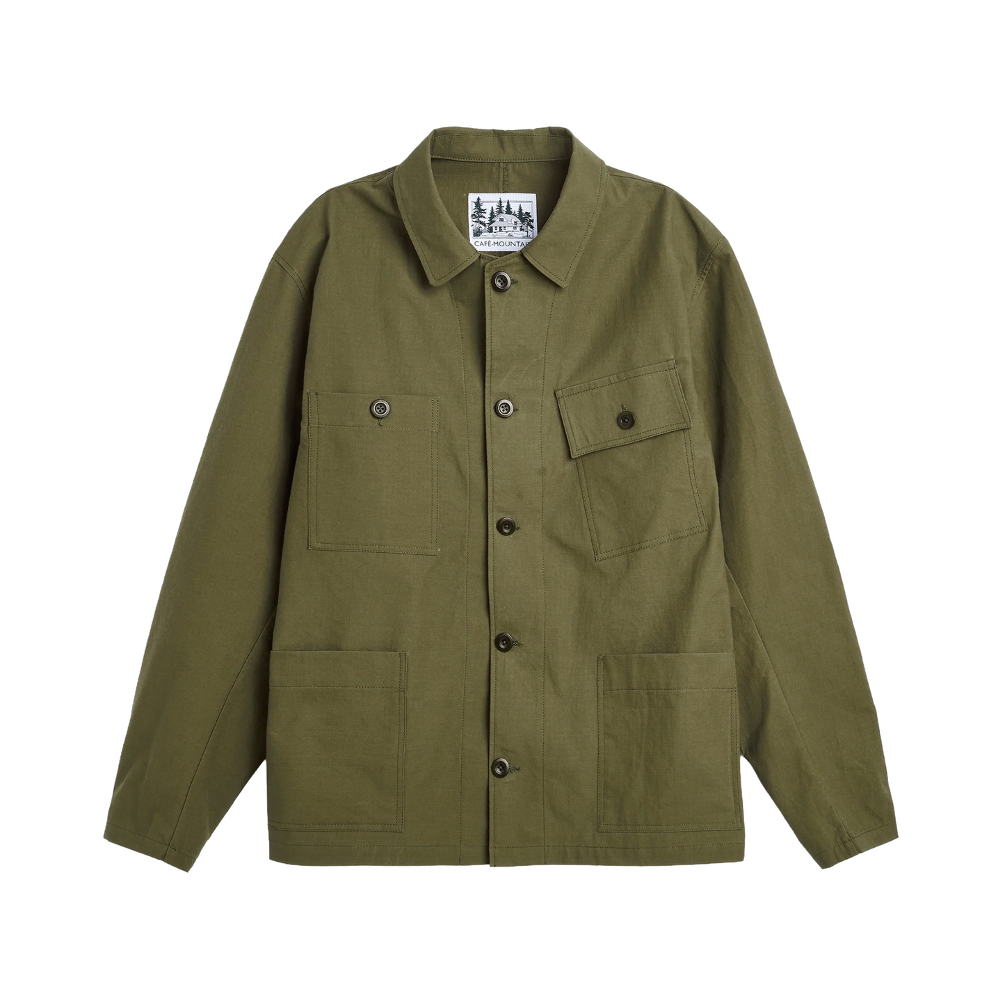 Green jacket with multiple pockets and buttons on a white background