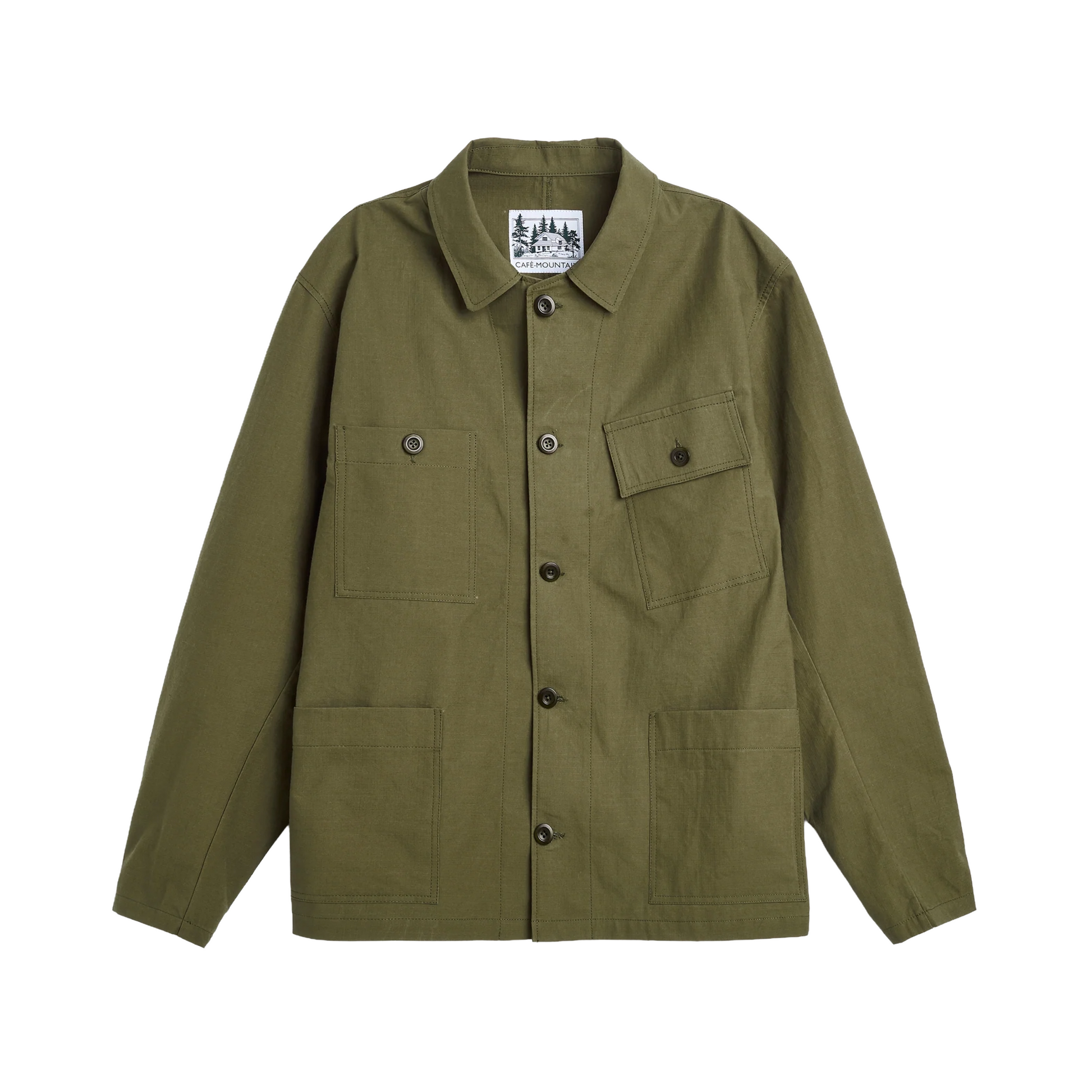 Green jacket with multiple pockets and buttons on a white background