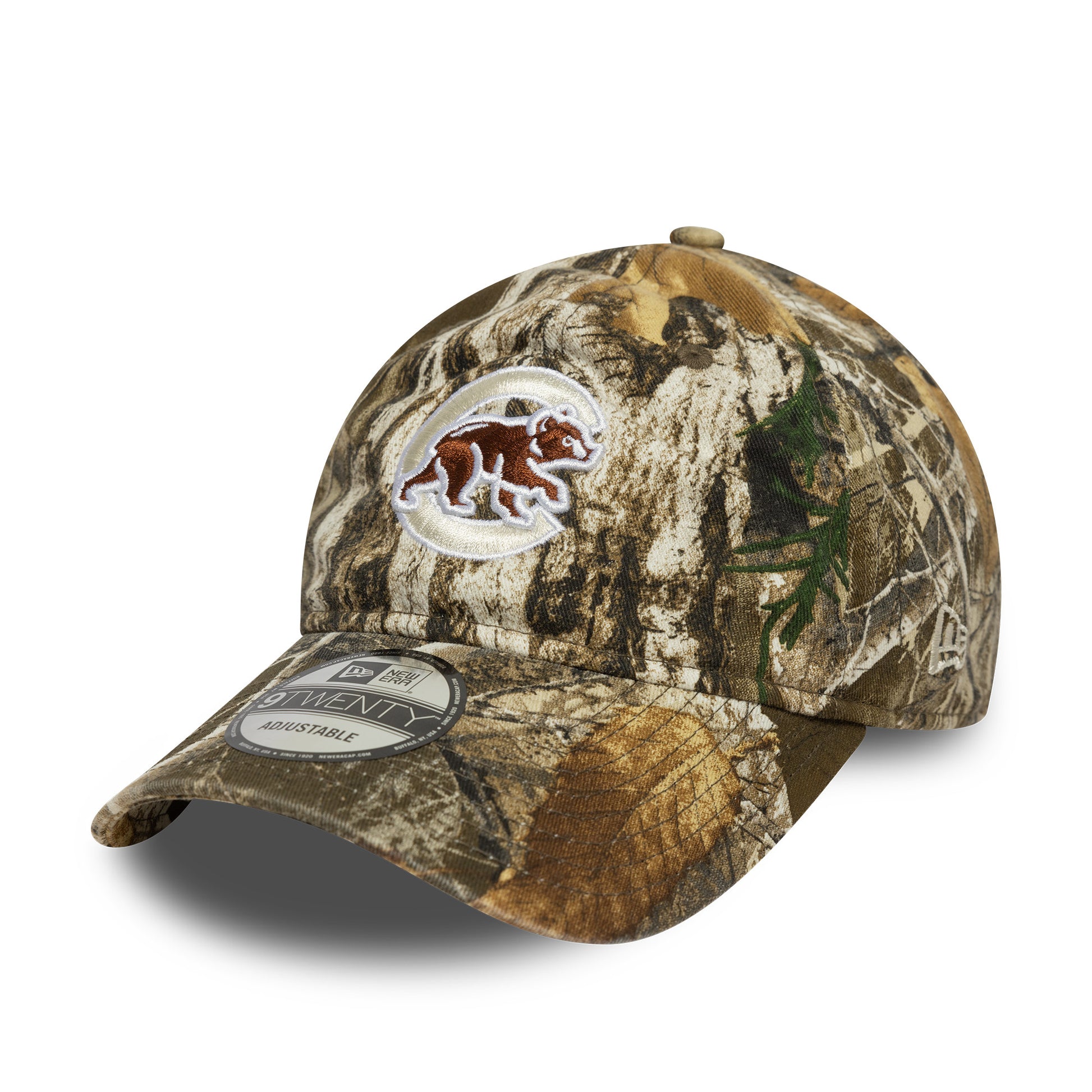 Camouflage baseball cap with a bear logo on a white background