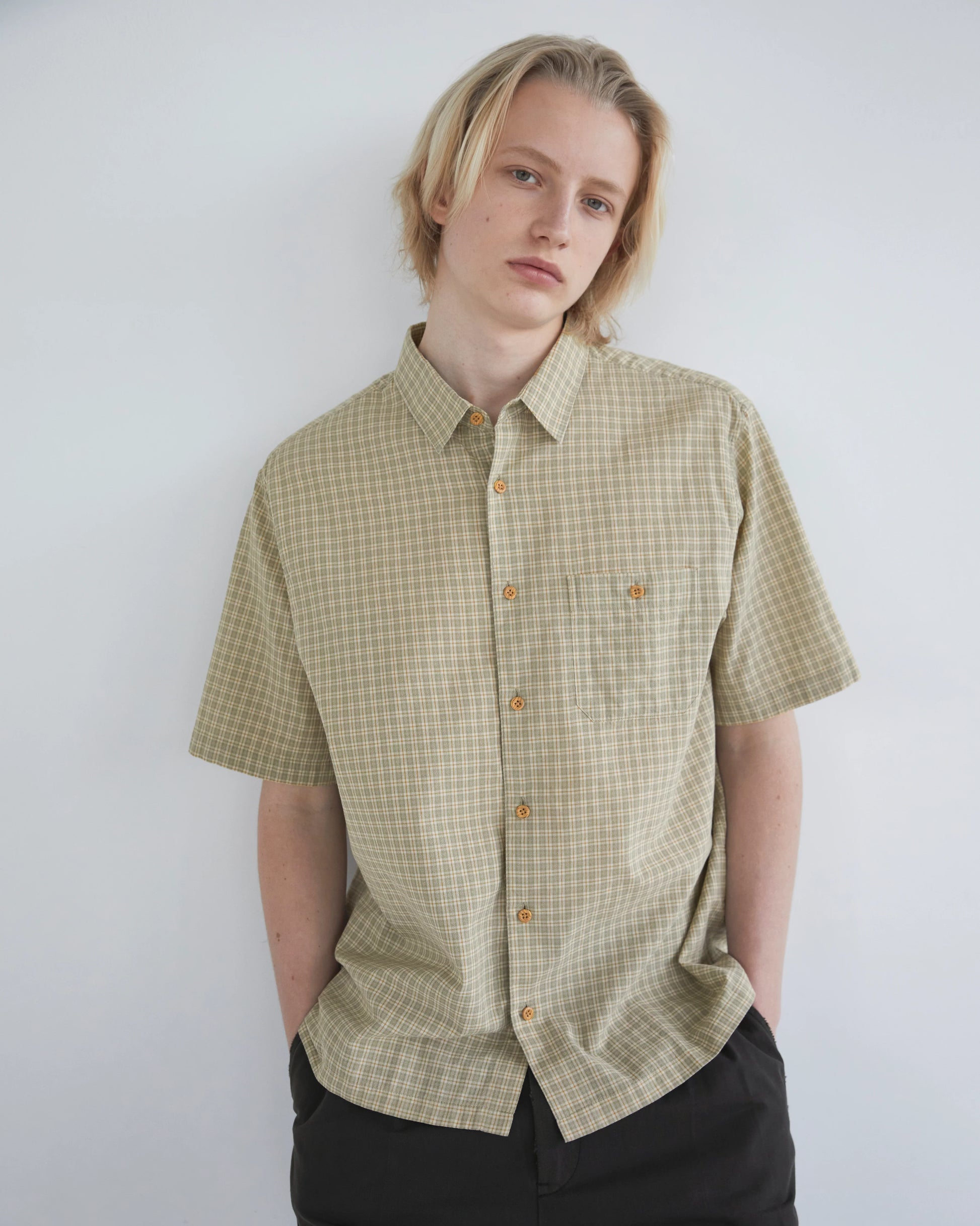 【S】Khakis Border Check S/S Shirt M Khakis Border Check S/S Shirt - Green – ALMOST ANYTHING