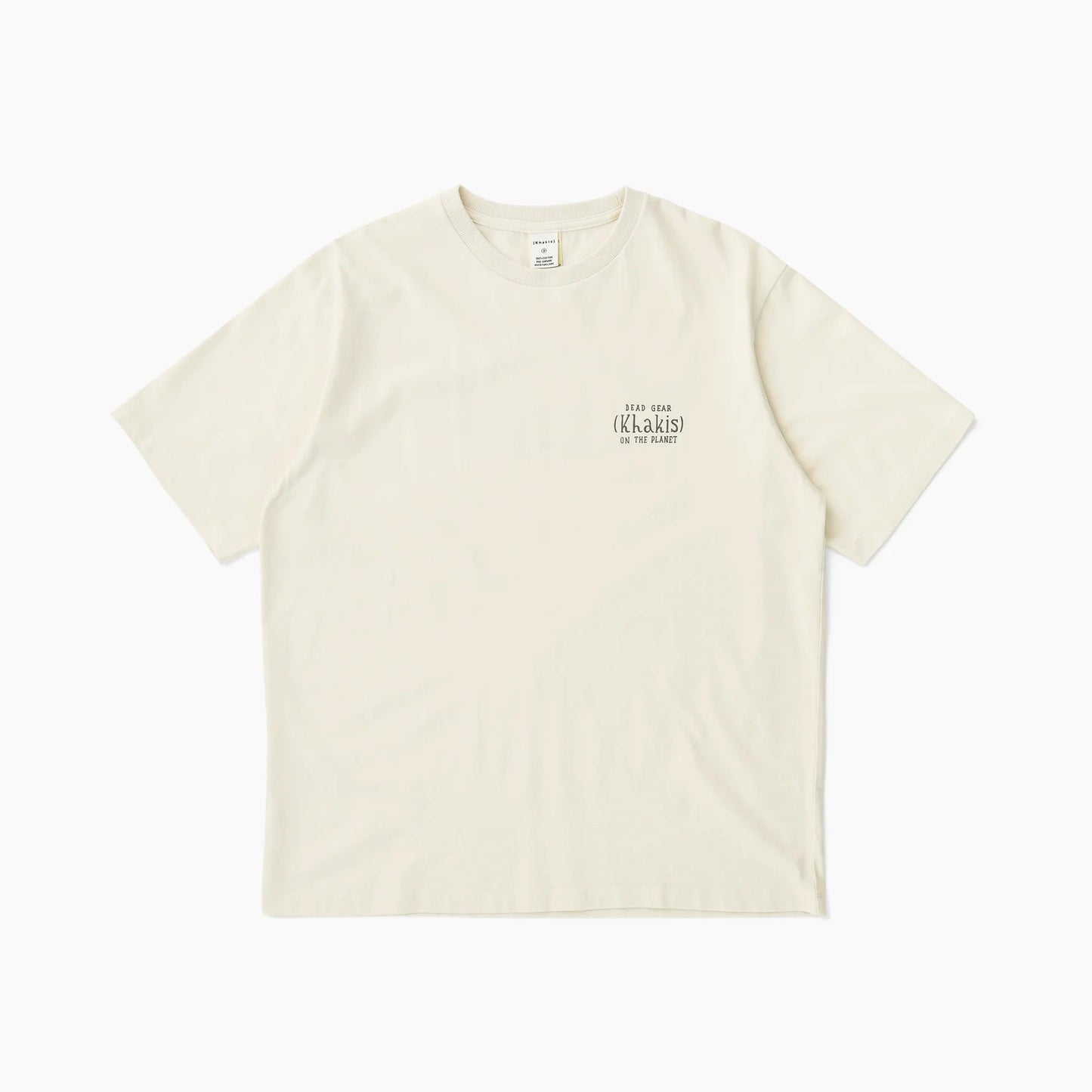 Beige t-shirt with a small logo on a white background