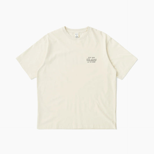 Beige t-shirt with a small logo on a white background