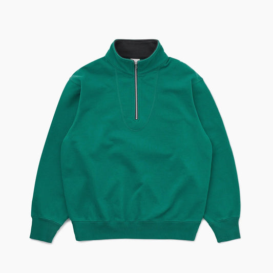 Green sweatshirt with a quarter zip on a white background